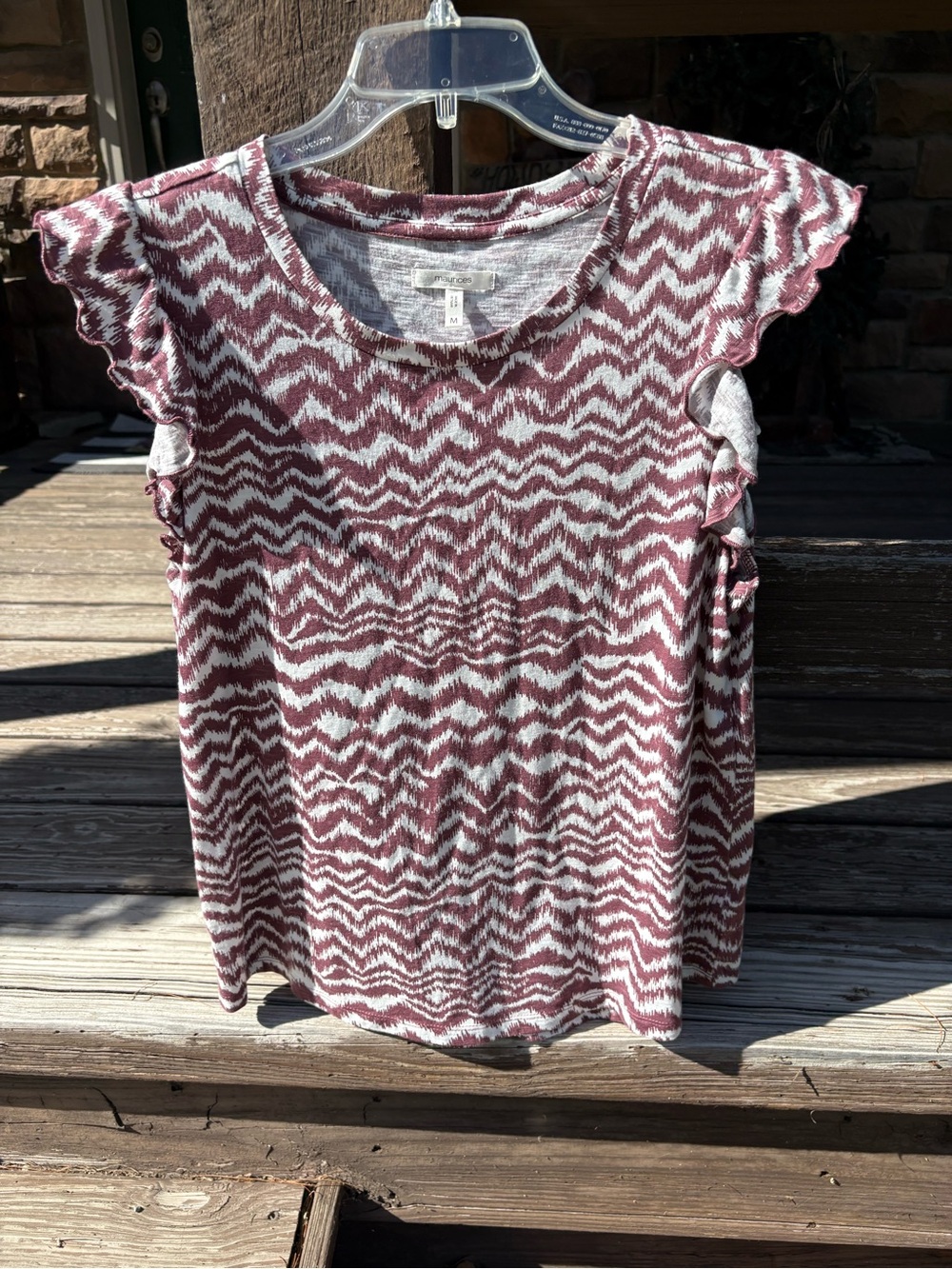 Maurices Maroon and White Chevron Ruffle Sleeve Tank